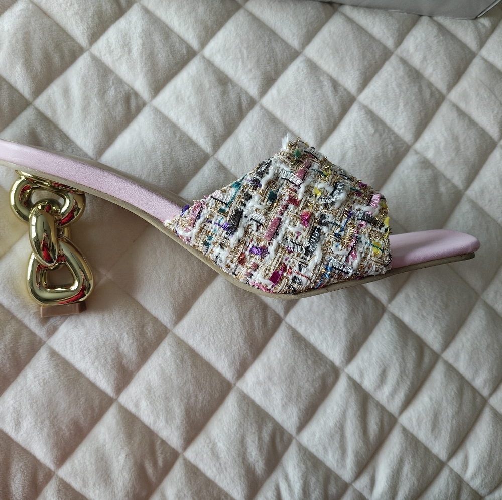 Elegant Pink & Gold Tweed Square Toe Sandal Chain Heels